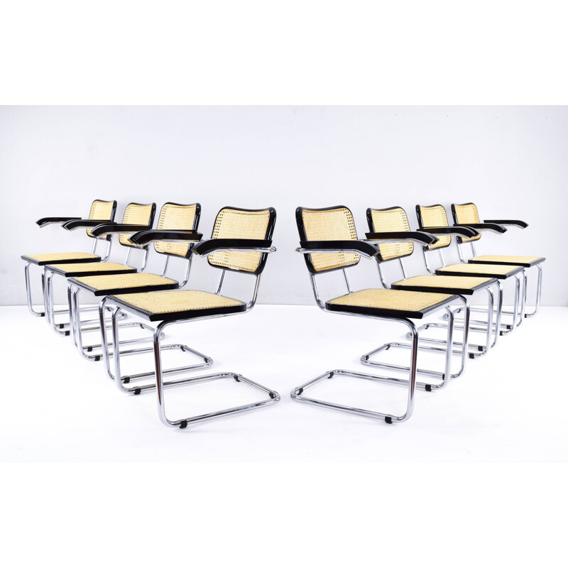 Set of 8 mid-century beech wood and tubular steel B32 Cesca chairs by Marcel Breuer, Italy 1970s