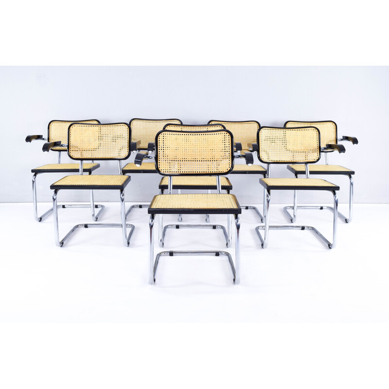 Set of 8 mid-century beech wood and tubular steel B32 Cesca chairs by Marcel Breuer, Italy 1970s