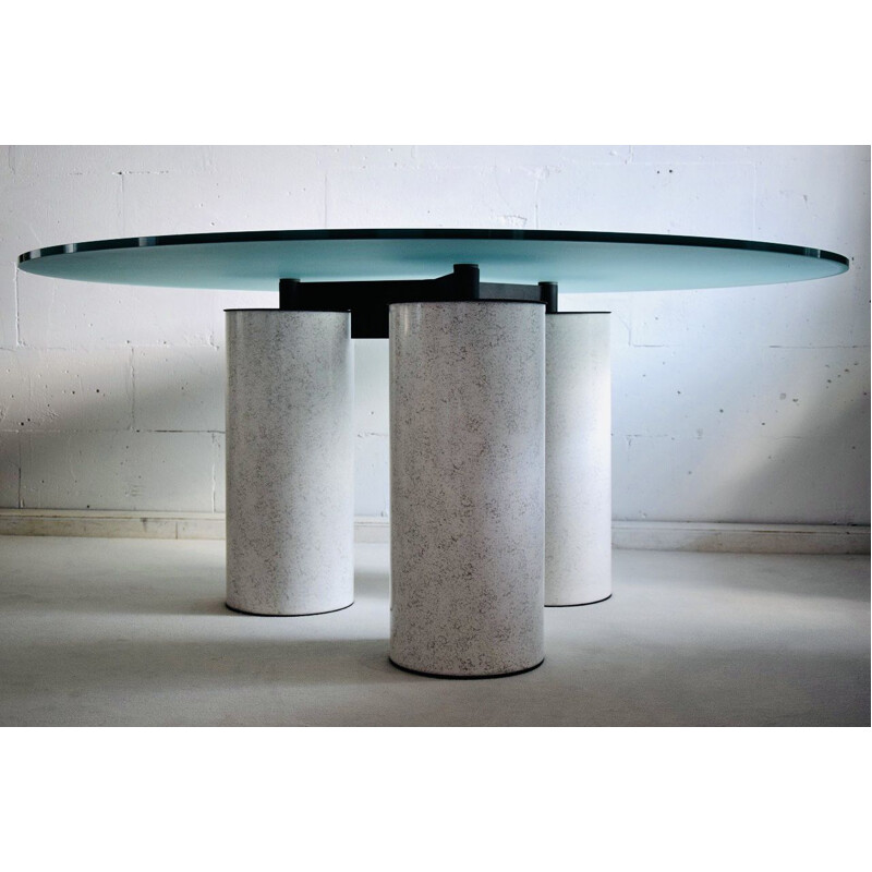 Italian vintage round glass top dining table by Lella and Massimo Vignelli for Acerbis, 1985