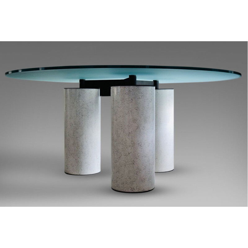 Italian vintage round glass top dining table by Lella and Massimo Vignelli for Acerbis, 1985