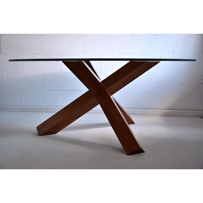 Vintage walnut wood and glass table La Rotonda by Mario Bellini for Cassina, Italy 1977