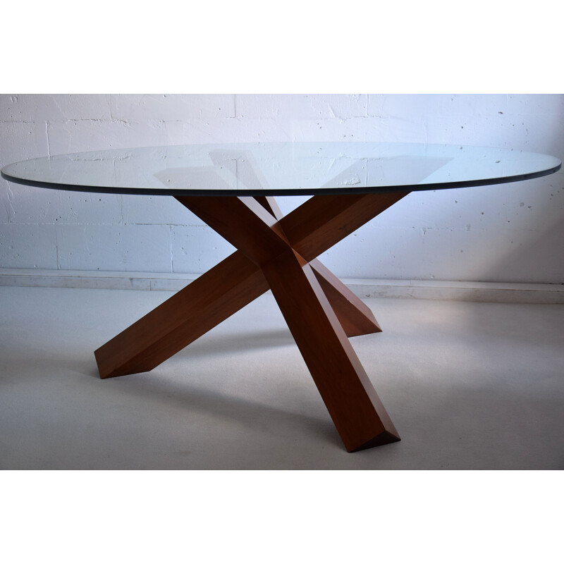 Vintage walnut wood and glass table La Rotonda by Mario Bellini for Cassina, Italy 1977