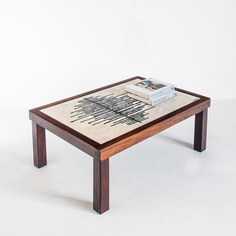 Vintage Vallauris glazed ceramic and wood coffee table by Jean d'Asti, France 1960