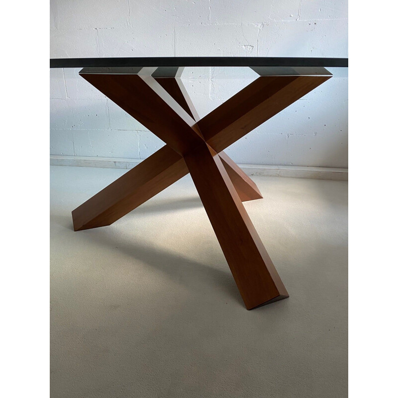 Vintage walnut wood and glass table La Rotonda by Mario Bellini for Cassina, Italy 1977