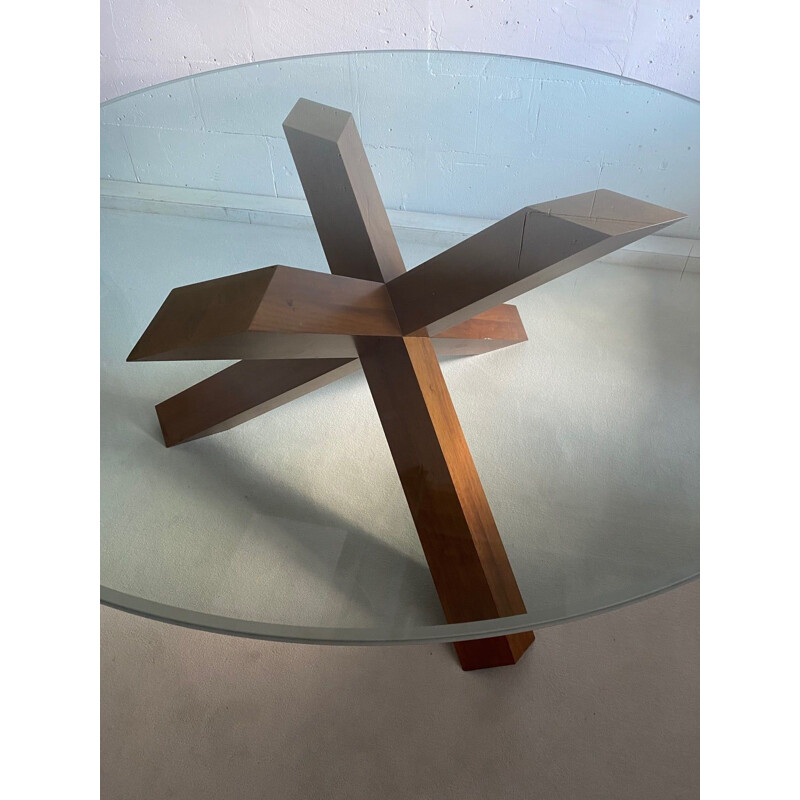 Vintage walnut wood and glass table La Rotonda by Mario Bellini for Cassina, Italy 1977