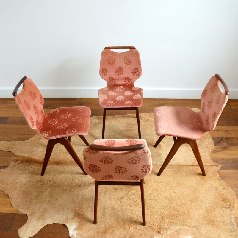 Set of 4 vintage pink velvet and teak chairs by Louis Van Teeffelen for Webe, 1960s