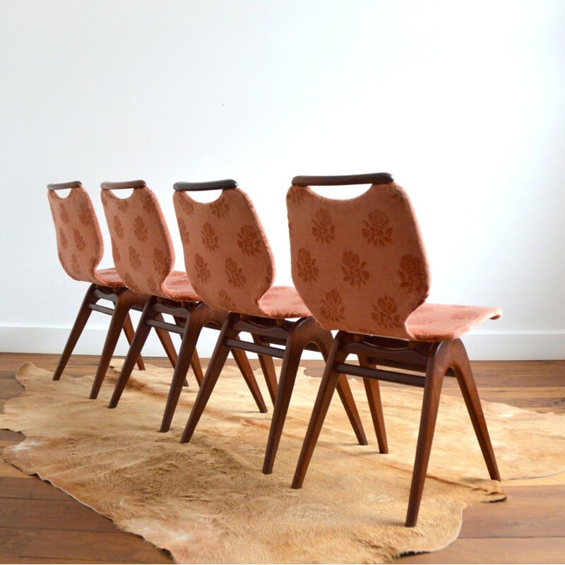 Lot de 4 chaises vintage en teck et velours rose par Louis Van Teeffelen pour Webe, 1960