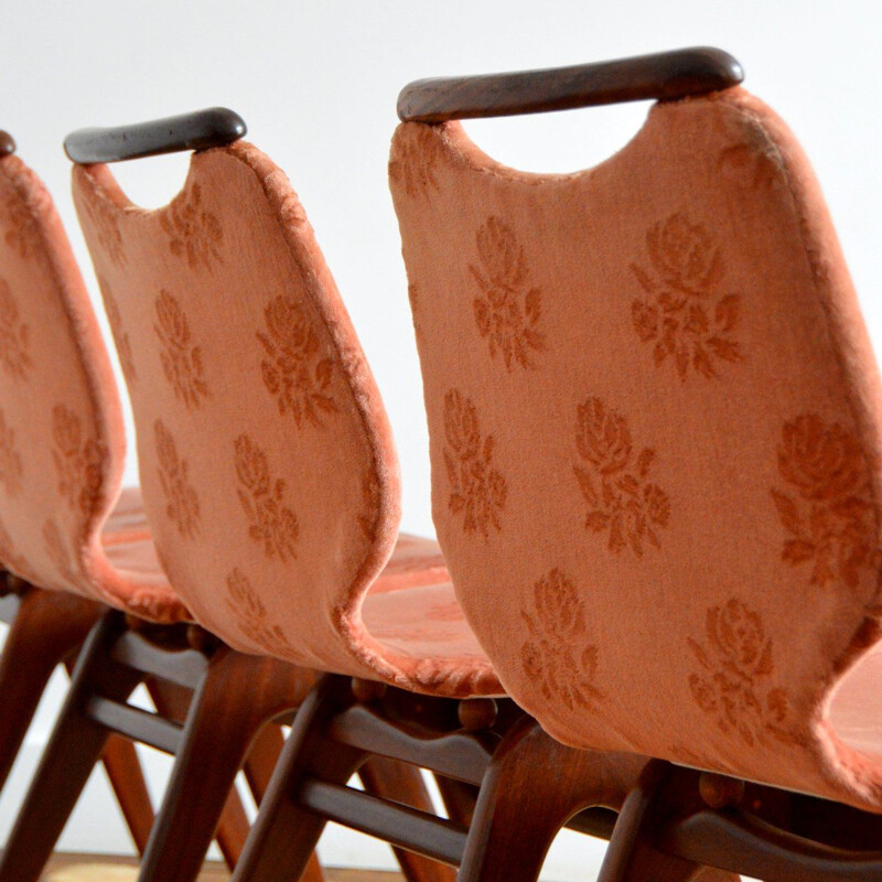 Set of 4 vintage pink velvet and teak chairs by Louis Van Teeffelen for Webe, 1960s