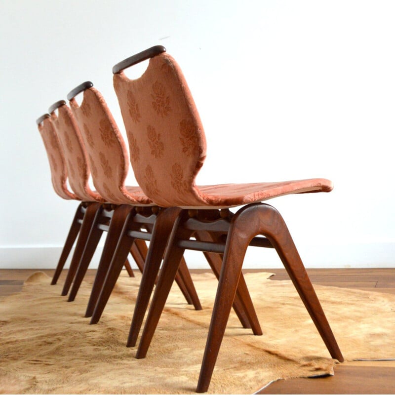 Set of 4 vintage pink velvet and teak chairs by Louis Van Teeffelen for Webe, 1960s