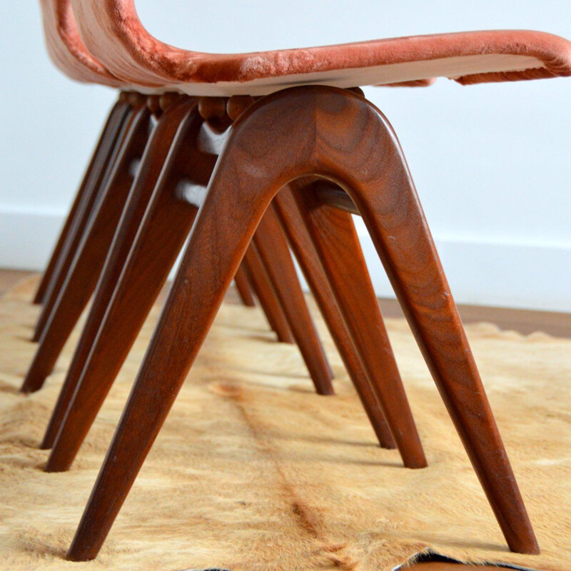 Set of 4 vintage pink velvet and teak chairs by Louis Van Teeffelen for Webe, 1960s