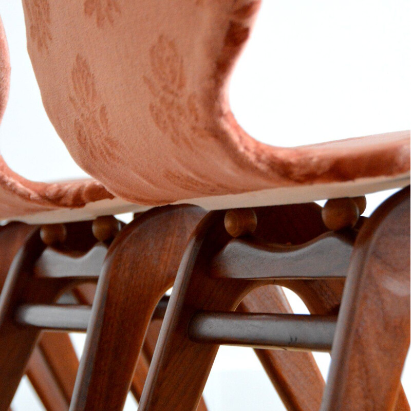 Set of 4 vintage pink velvet and teak chairs by Louis Van Teeffelen for Webe, 1960s