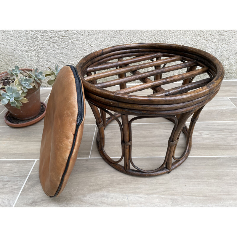 Rattan and leather vintage pouffe