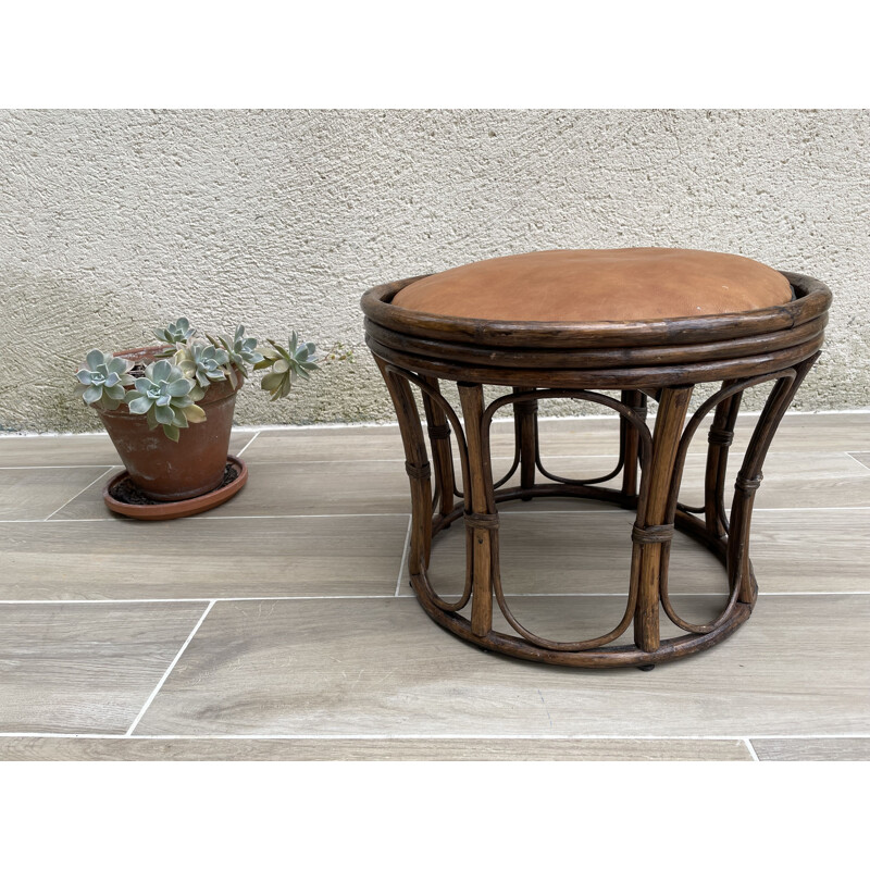 Rattan and leather vintage pouffe