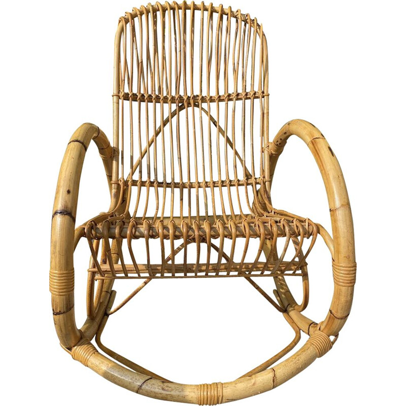 Chaise à bascule vintage en bambou et rotin par Francos Albini, 1950