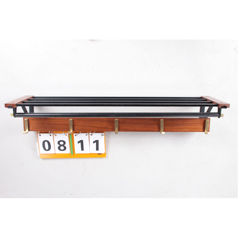 Vintage teak with metal and brass wall coat rack, 1960s