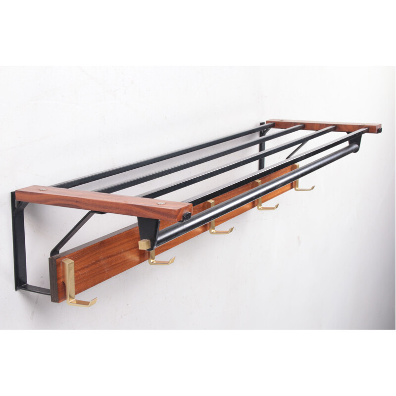 Vintage teak with metal and brass wall coat rack, 1960s