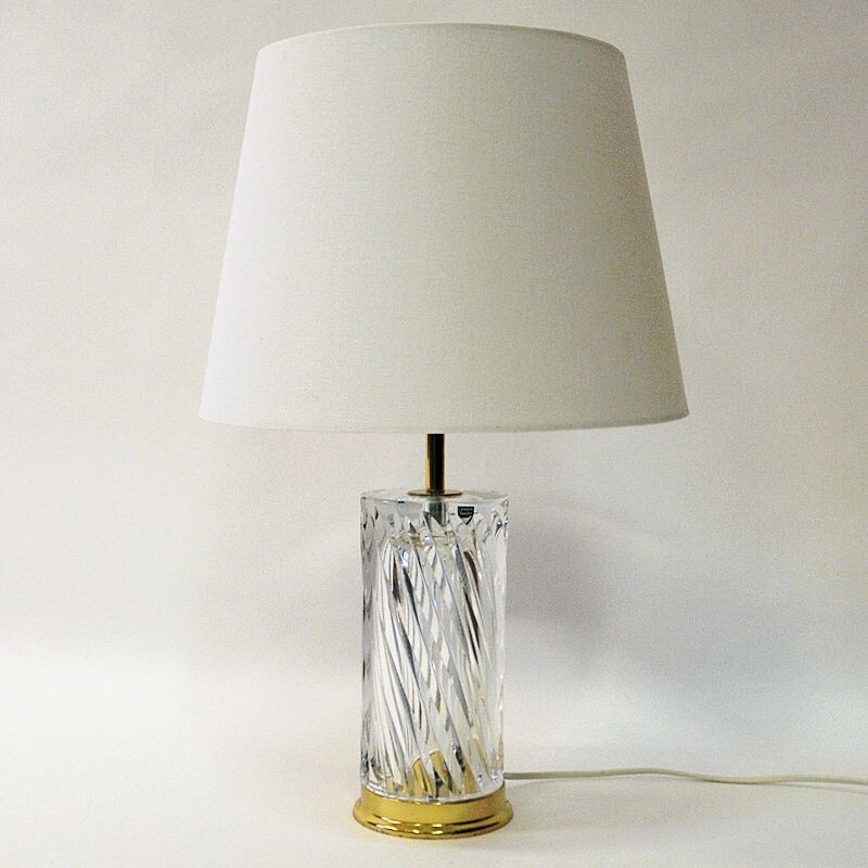 Swedish vintage crystal glass and brass table lamp by Olle Alberius for Orrefors, 1970s