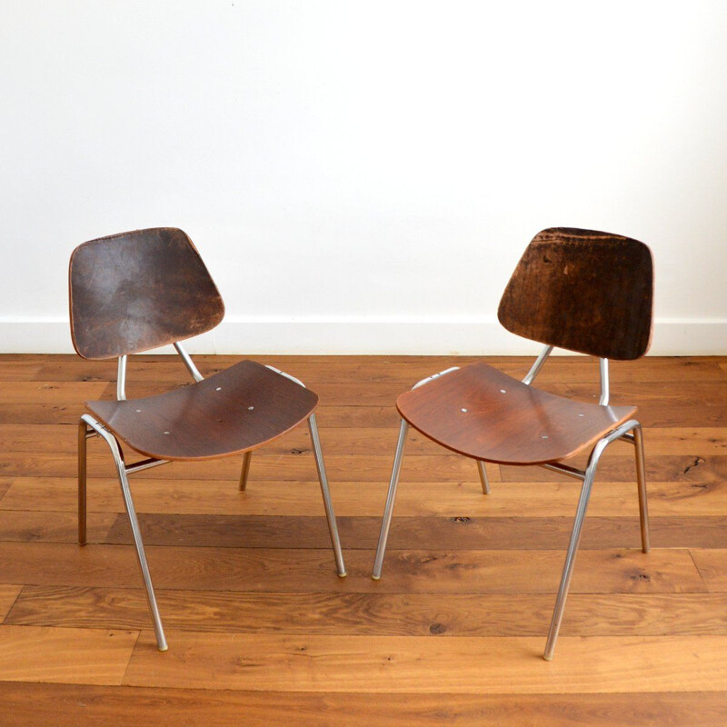 Pair of vintage wood, metal and leather chairs by Thonet, 1950s