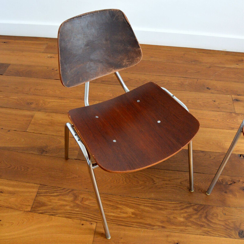 Pair of vintage wood, metal and leather chairs by Thonet, 1950s