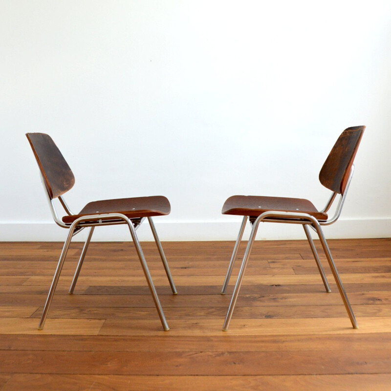 Pair of vintage wood, metal and leather chairs by Thonet, 1950s