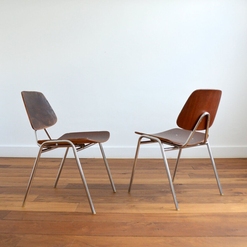 Pair of vintage wood, metal and leather chairs by Thonet, 1950s