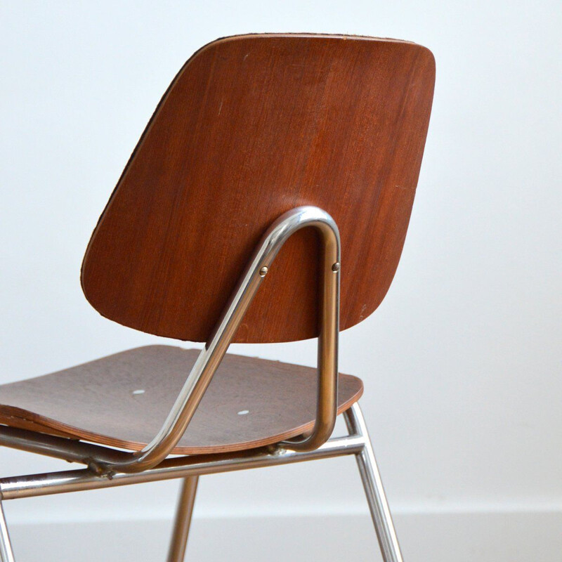 Pair of vintage wood, metal and leather chairs by Thonet, 1950s