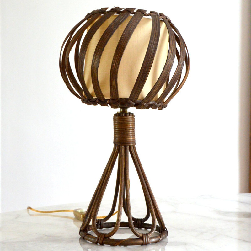 Lámpara de mesa vintage de ratán de Louis Sognot, 1950