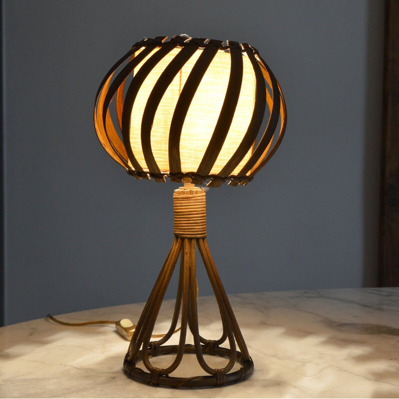 Lampe de table vintage en rotin par Louis Sognot, 1950