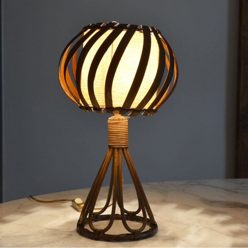 Vintage rattan table lamp by Louis Sognot, 1950