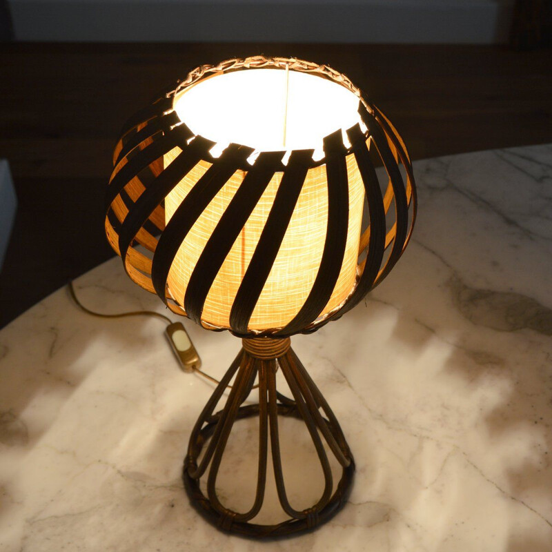 Vintage rotan tafellamp van Louis Sognot, 1950