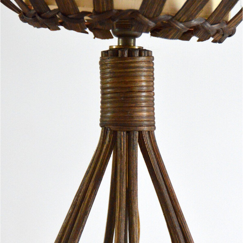 Lámpara de mesa vintage de ratán de Louis Sognot, 1950