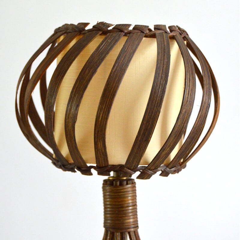 Lampe de table vintage en rotin par Louis Sognot, 1950