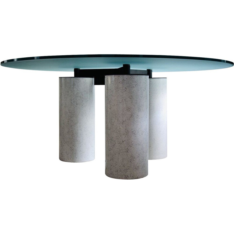 Italian vintage round glass top dining table by Lella and Massimo Vignelli for Acerbis, 1985
