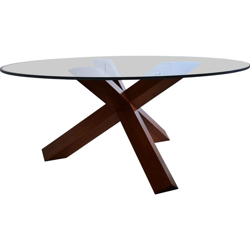 Vintage walnut wood and glass table La Rotonda by Mario Bellini for Cassina, Italy 1977