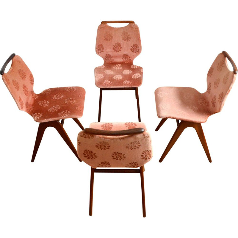 Set of 4 vintage pink velvet and teak chairs by Louis Van Teeffelen for Webe, 1960s