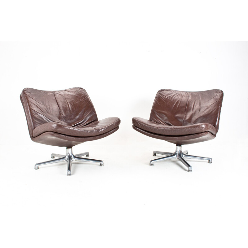  Pair of Artifort armchairs in brown leather, Geoffrey HARCOURT - 1960s