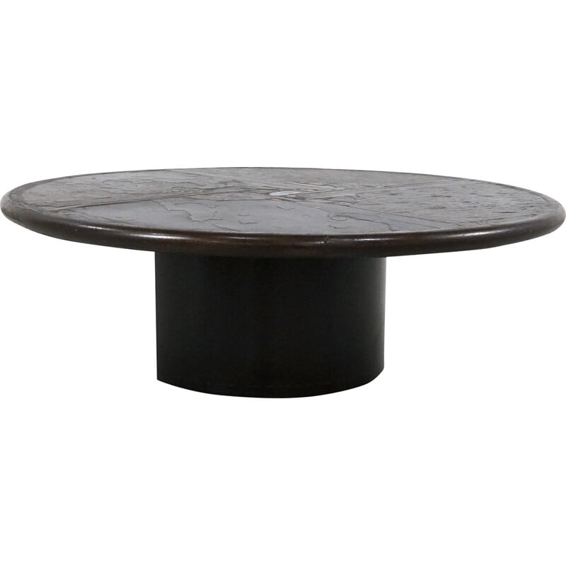 Table basse ronde en pierre et cuivre, Paul KINGMA - 1990