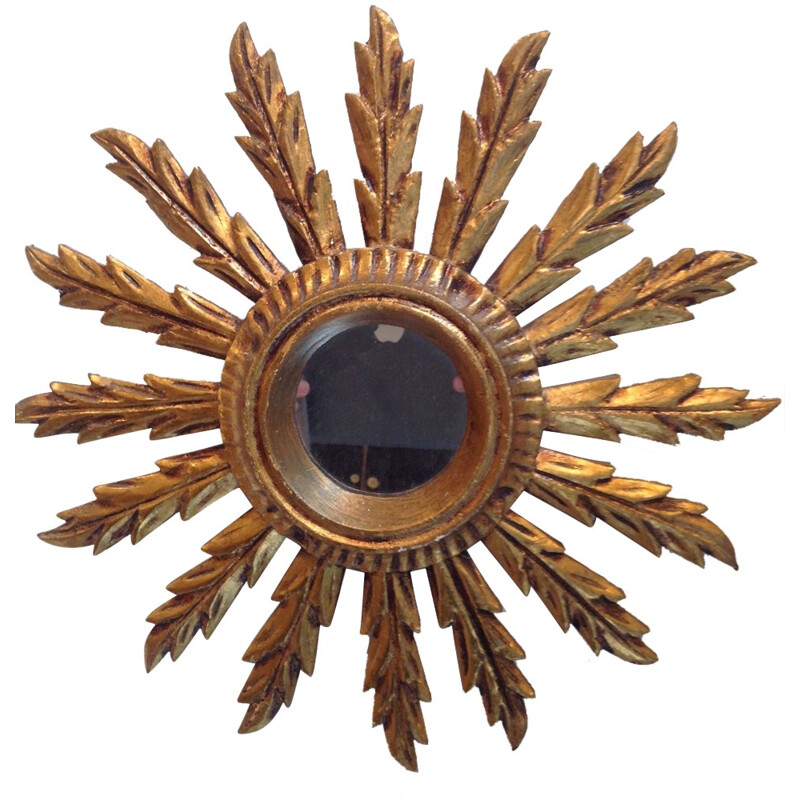 Small sun shaped mirror in gold coloured wood - 1960s