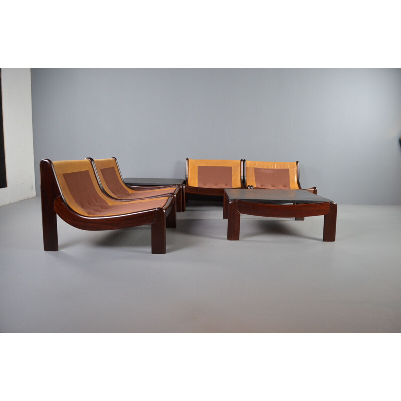 Vintage cognac leather and rosewood modular living room set