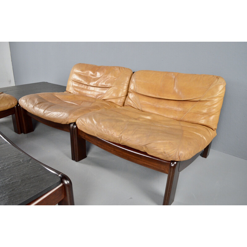 Vintage cognac leather and rosewood modular living room set