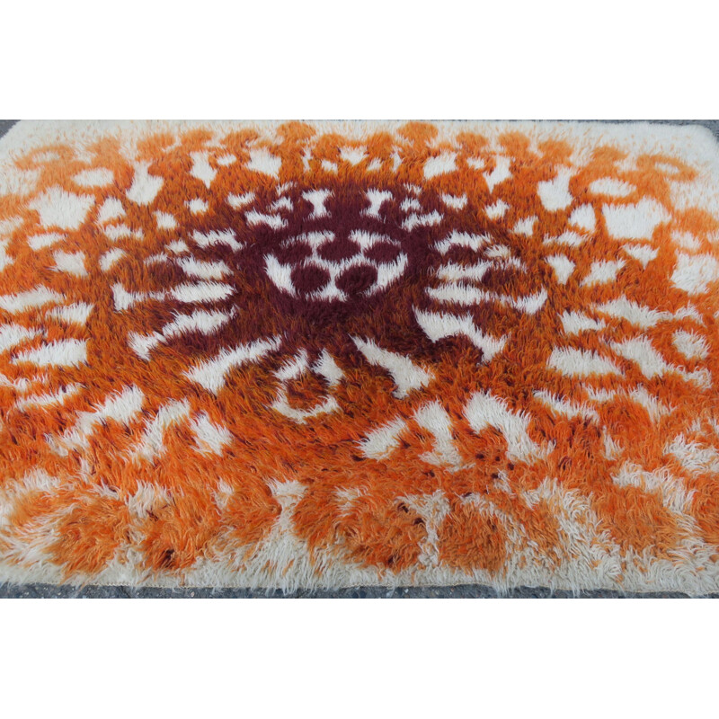Vintage Danish Rya long pile rug with stylized sunburst, 1970s