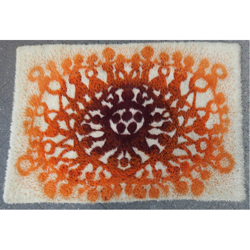 Vintage Danish Rya long pile rug with stylized sunburst, 1970s