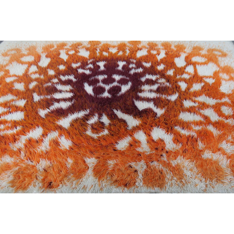 Vintage Danish Rya long pile rug with stylized sunburst, 1970s