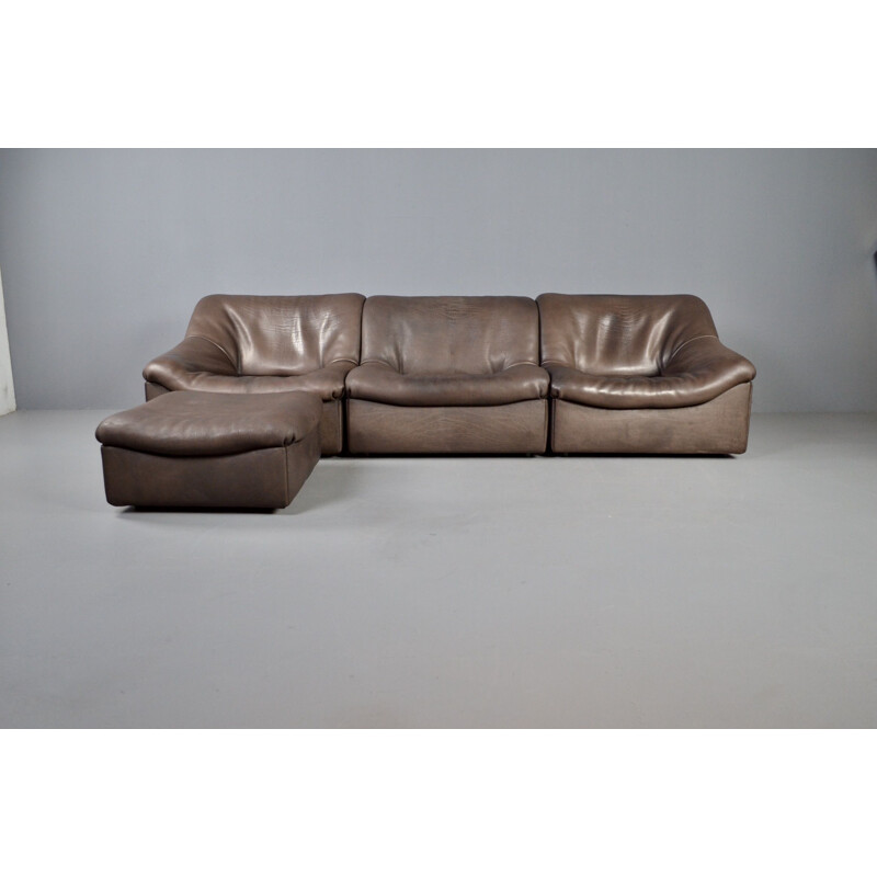 Canapé modulable vintage DS 46 en cuir de taureau marron par De Sede
