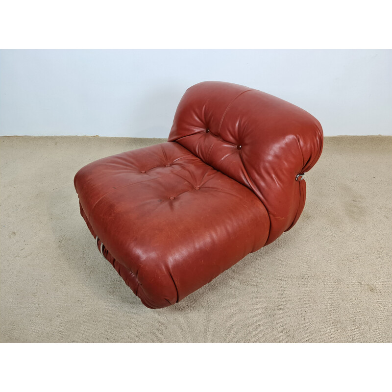 Vintage Soriana armchair in burgundy leather by Afra and Tobia Scarpa for Cassina, 1970