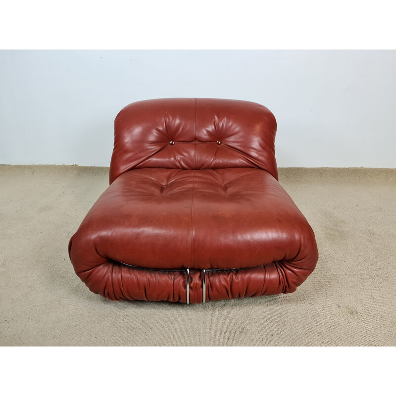 Vintage Soriana armchair in burgundy leather by Afra and Tobia Scarpa for Cassina, 1970