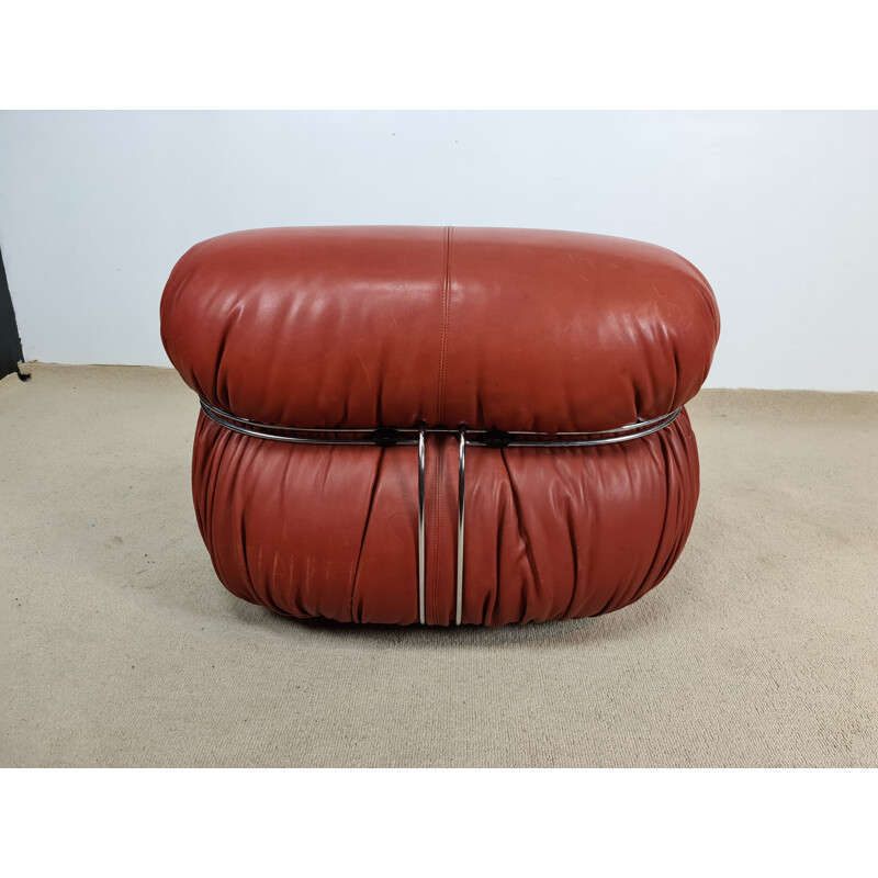 Vintage Soriana armchair in burgundy leather by Afra and Tobia Scarpa for Cassina, 1970