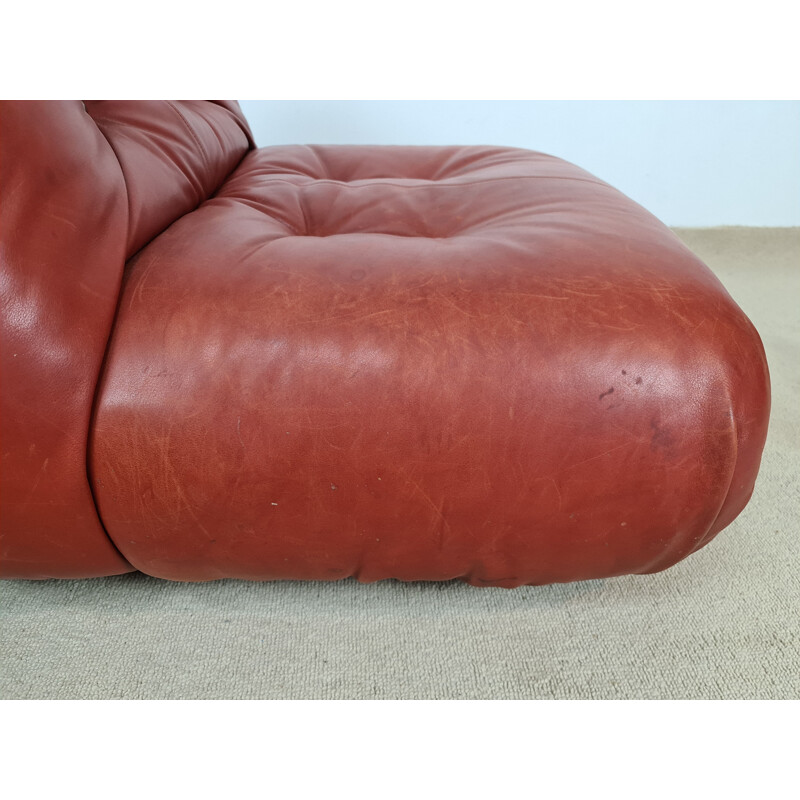 Vintage Soriana armchair in burgundy leather by Afra and Tobia Scarpa for Cassina, 1970