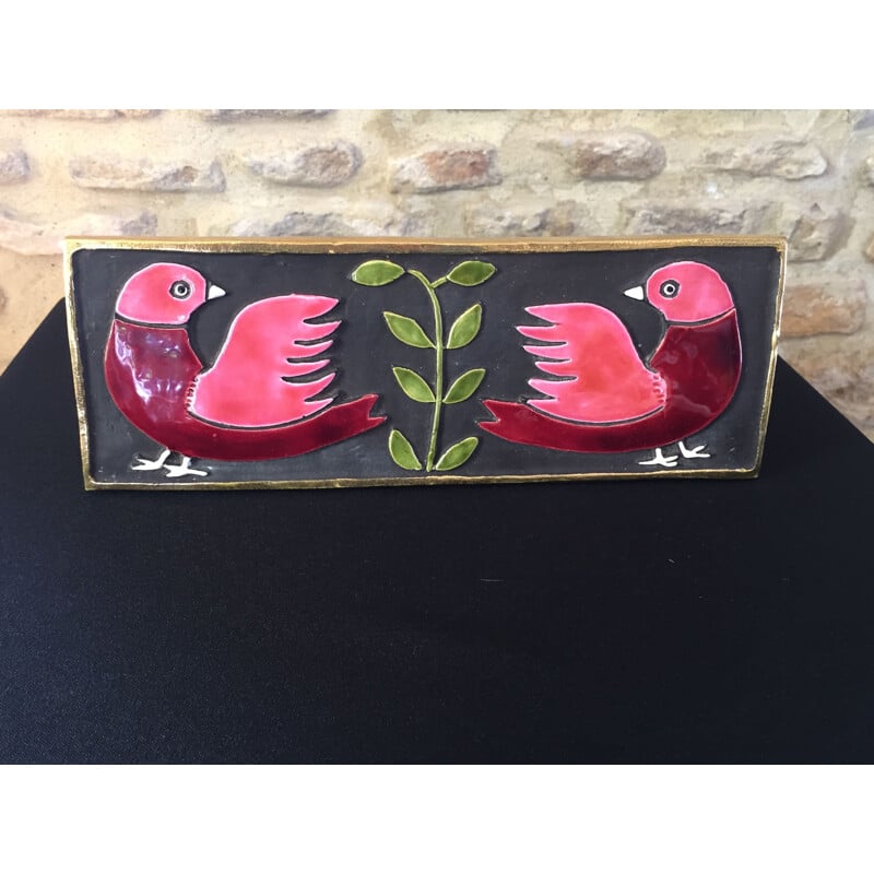 Boite vintage à décor d'oiseaux en céramique par Mithé Espelt