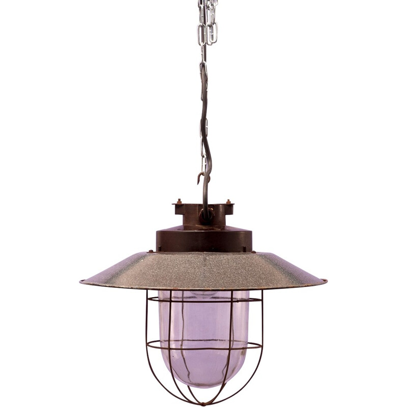 Large industrial hanging lamp in grey enamelled metal - 1940s